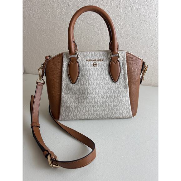 Michael Kors Sienna Medium Logo Messenger Convertible Bag Off-White and Brown - Picture 3 of 16